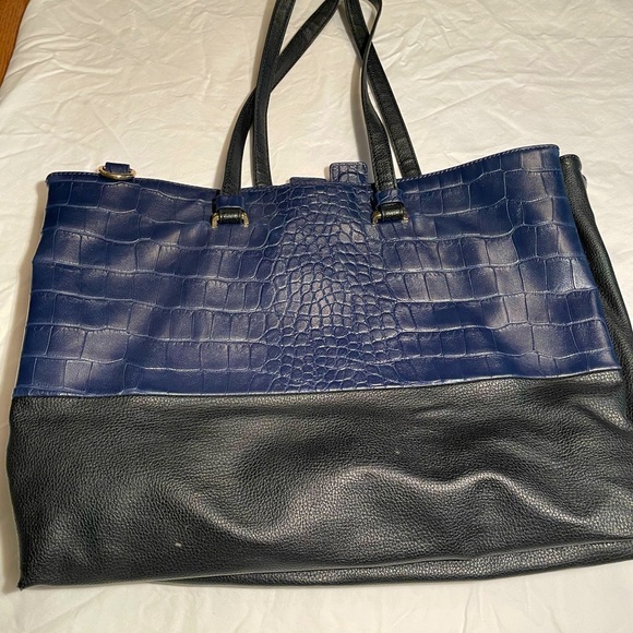 Navy and Black Leather French Connection Tote - Picture 1 of 6